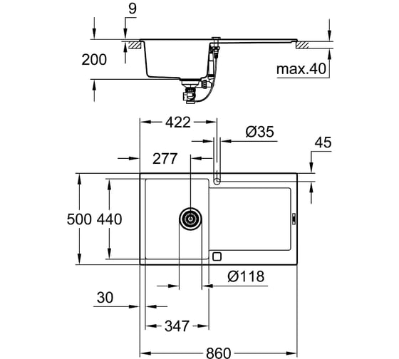 Композитная мойка Grohe K500 50-C 86/50 1.0 с одной чашей и крылом, оборачиваемая 31644AT0