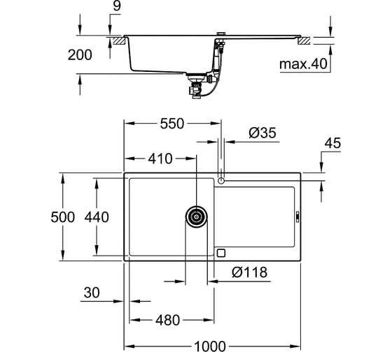 Композитная мойка Grohe K500 60-C 100/50 1.0 с одной чашей и крылом, оборачиваемая 31645AT0