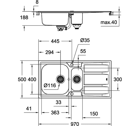 Мойка Grohe K400  60-S 97/50 1.5 из нержавеющей стали, с корзинчатым вентилем 31567SD0