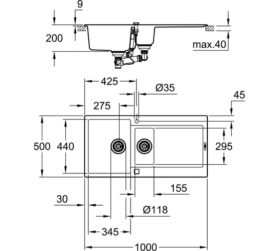 Композитная мойка Grohe K500 60-C 100/50 1.5с 1,5 чашей и крылом, оборачиваемая 31646AT0