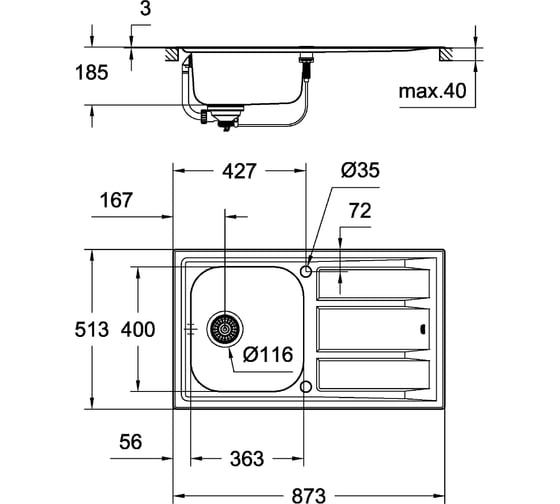 Мойка Grohe K400+ 45 -S 87,3/51,3 1.0 из нержавеющей стали, с корзинчатым вентилем, оборачиваемая 31568SD0