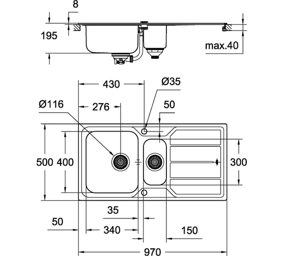 Мойка Grohe K500 60-S 97/50 1.5 из нержавеющей стали, с корзинчатым вентилем, оборачиваемая 31572SD0