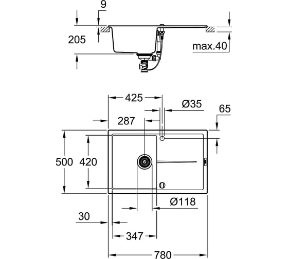 Композитная мойка Grohe K400 50-C 78/50 1.0 с одной чашей и крылом, оборачиваемая 31639AT0