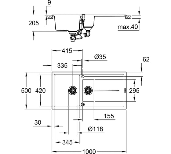 Композитная мойка Grohe K400 60-C 100/50 1.5 с 1,5 чашей и крылом, оборачиваемая 31642AT0