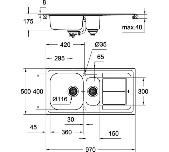 Мойка Grohe K300 60 -S 97/50 1.5 из нержавеющей стали, с корзинчатым вентилем 31564SD0