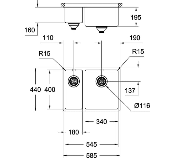 Мойка Grohe K700U  60-S 58,5/44 1.5 из нержавеющей стали, 1,5 чаши, основная чаша справа 31576SD0