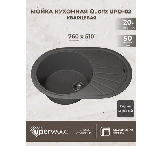 Кухонная кварцевая мойка Uperwood Quartz UPD-02_03, овальная, серая 3910202106
