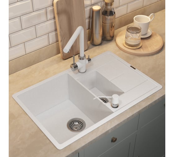 Кухонная кварцевая мойка Uperwood Quartz UPD-05_01, прямоугольная двухсекционная, белая 3910202116