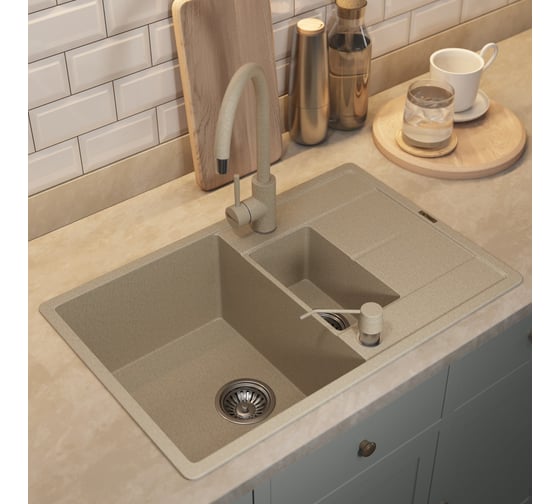 Кухонная кварцевая мойка Uperwood Quartz UPD-05_02, прямоугольная двухсекционная, бежевая 3910202117
