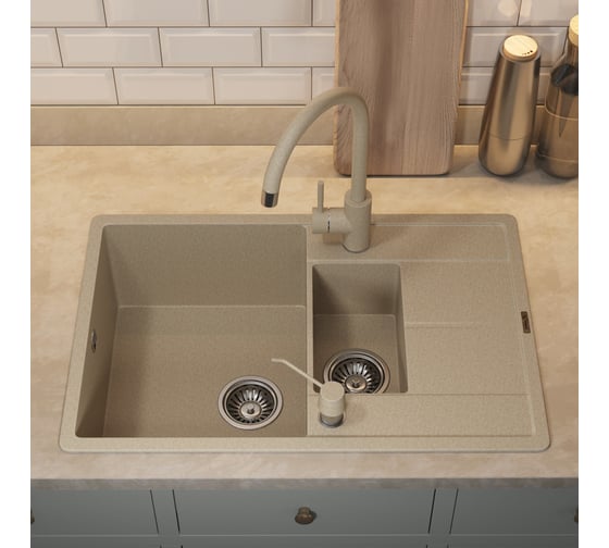 Кухонная кварцевая мойка Uperwood Quartz UPD-05_02, прямоугольная двухсекционная, бежевая 3910202117