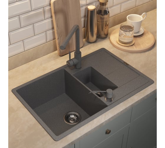 Кухонная кварцевая мойка Uperwood Quartz UPD-05_03, прямоугольная двухсекционная, серая 3910202118