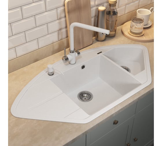 Кухонная кварцевая мойка Uperwood Quartz UPD-06_01, угловая двухсекционная, белая 3910202120