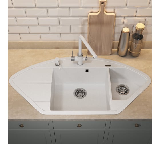 Кухонная кварцевая мойка Uperwood Quartz UPD-06_01, угловая двухсекционная, белая 3910202120