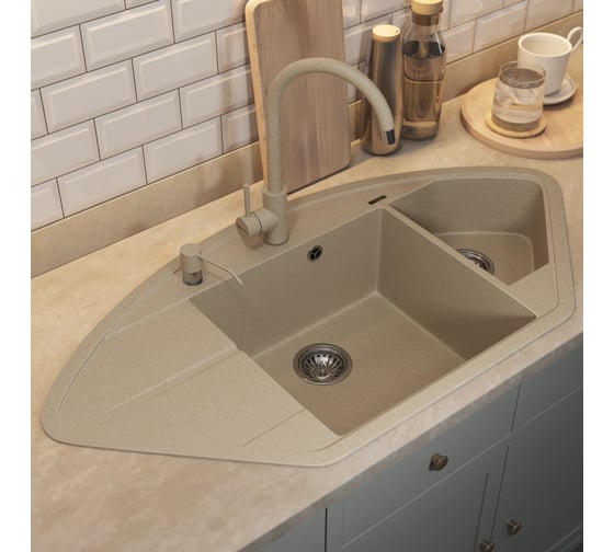 Кухонная кварцевая мойка Uperwood Quartz UPD-06_02, угловая двухсекционная, бежевая 3910202121