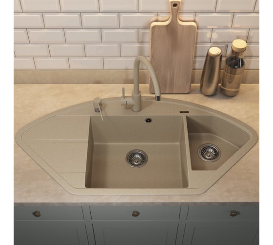 Кухонная кварцевая мойка Uperwood Quartz UPD-06_02, угловая двухсекционная, бежевая 3910202121