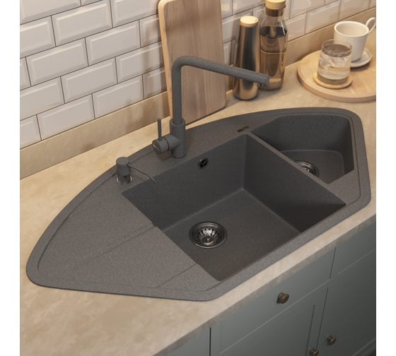 Кухонная кварцевая мойка Uperwood Quartz UPD-06_03, угловая двухсекционная, серая 3910202122