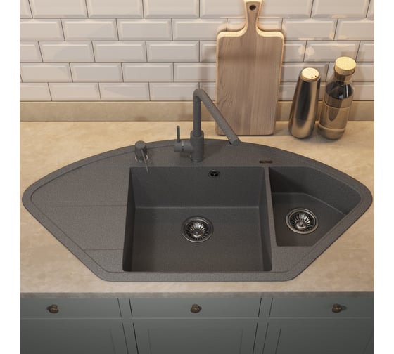 Кухонная кварцевая мойка Uperwood Quartz UPD-06_03, угловая двухсекционная, серая 3910202122