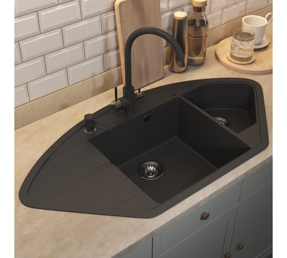 Кухонная кварцевая мойка Uperwood Quartz UPD-06_04, угловая двухсекционная, черная 3910202123