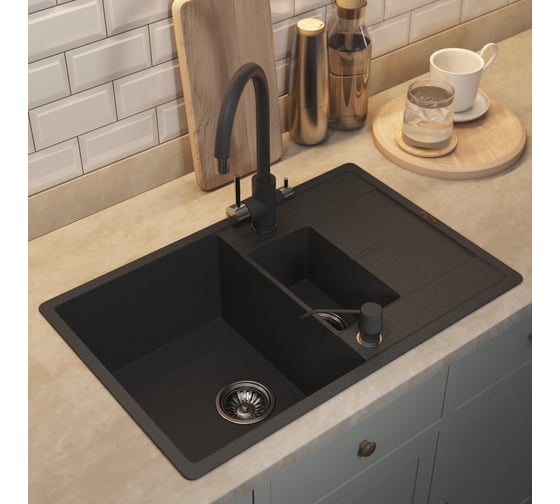 Кухонная кварцевая мойка Uperwood Quartz UPD-05_04, прямоугольная двухсекционная, черная 3910202119