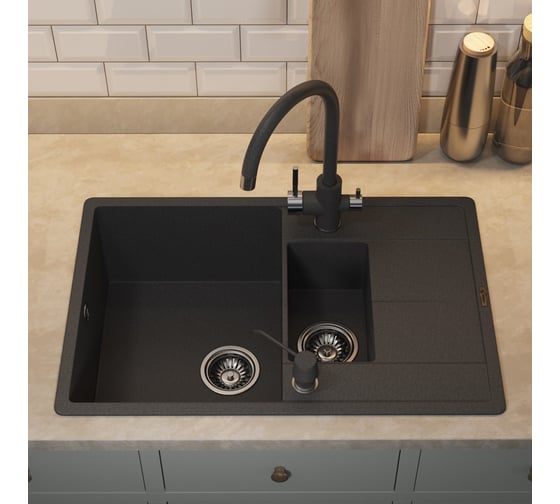 Кухонная кварцевая мойка Uperwood Quartz UPD-05_04, прямоугольная двухсекционная, черная 3910202119