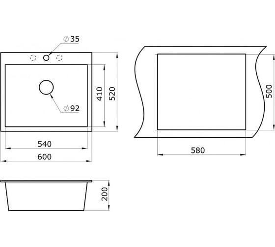 Гранитная мойка Paulmark KANTE 60 черный, 600х520 мм PM106052-BL