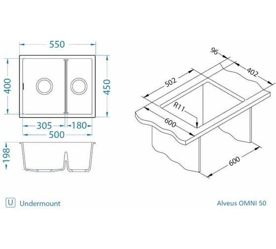 Мойка ALVEUS OMNI 50 GRANITAL DEEP BLACK-G90 550x450x198 мм, с сифоном 1150070