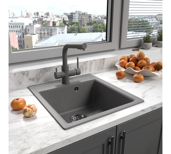 Мойка кухонная из кварцгранита Lemark HANKA 450 цвет: шампань, комплектация: крепеж, сливная арматура с переливом арт. 9910012