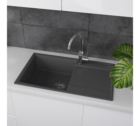 Мойка кухонная из кварцгранита Lemark IMANDRA 840 цвет: серый шёлк, комплектация: крепеж, сливная арматура с переливом арт. 9910035