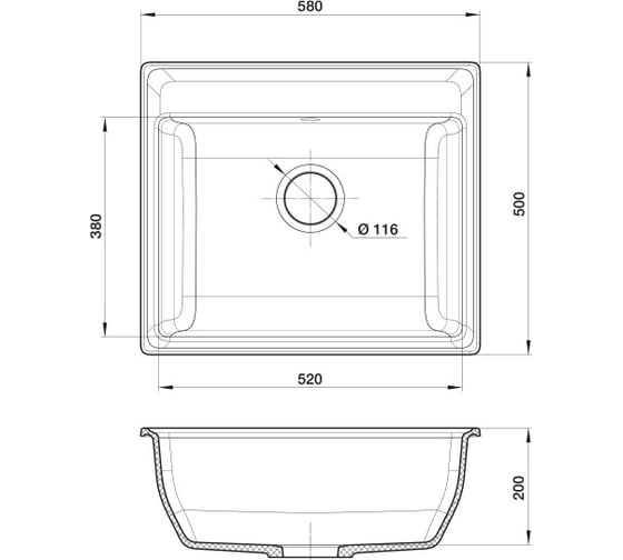 Мойка GRANFEST мрамор VERTEX 1-чаша, 580х500 мм., графит GF-V-580