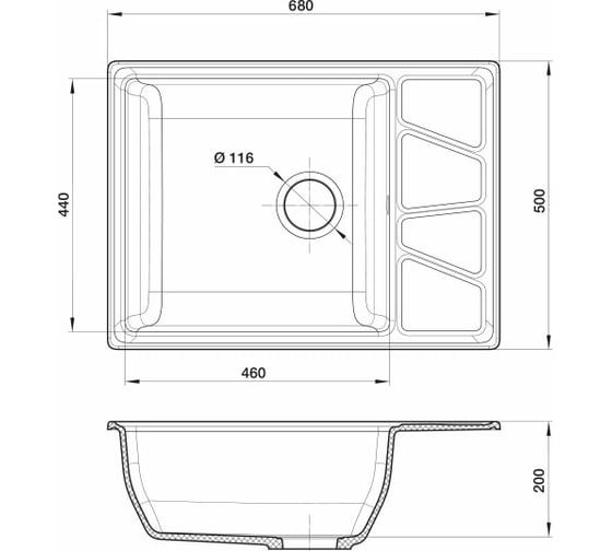 Мойка GRANFEST мрамор VERTEX чаша с крылом/ 680х500 мм., бежевый GF-V-680L