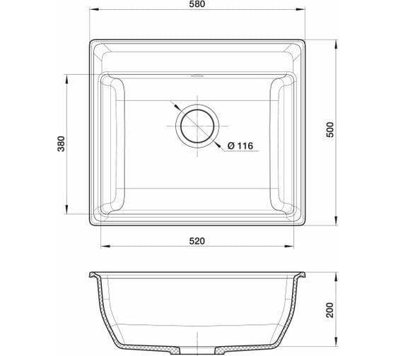Мойка GRANFEST мрамор VERTEX 1-чаша, 580х500 мм., черный GF-V-580