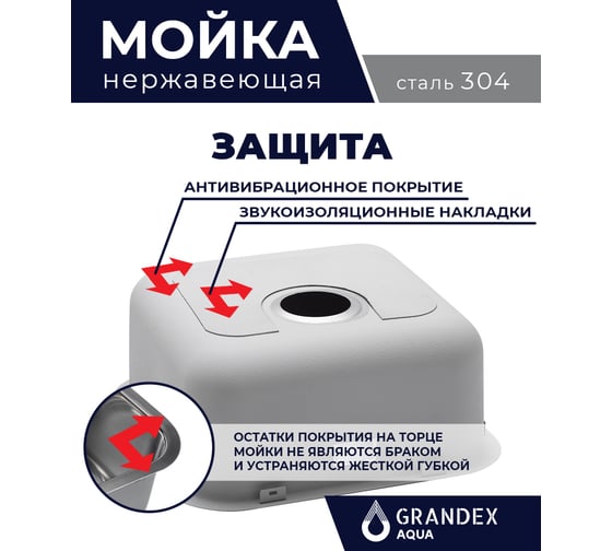 Кухонная мойка из нержавеющей стали SELECT 44, 44.5x44.5x18.5 Grandex AQUA 200333
