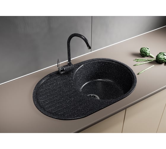 Мойка mixline ML-GM16 овальная, с крылом, черная, 308, 455х720х180 мм 525110