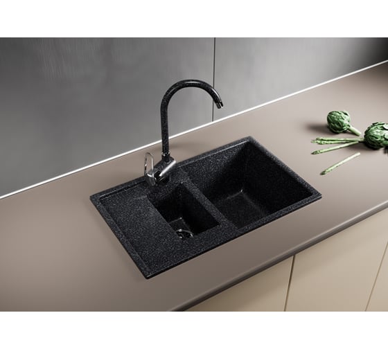 Мойка mixline ML-GM22 двухчашевая, с крылом, черная, 308, 495х770х195 мм 525178