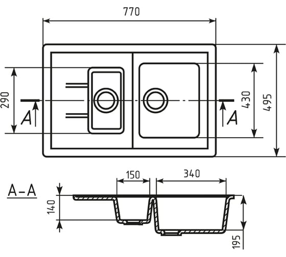Мойка mixline ML-GM22 двухчашевая, с крылом, черная, 308, 495х770х195 мм 525178