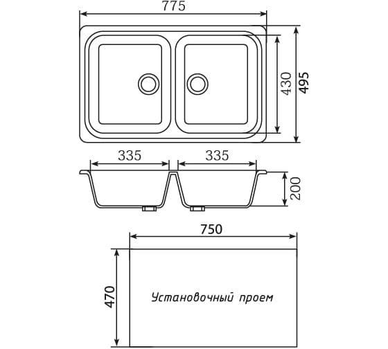 Мойка mixline ML-GM23 двухчашевая, графит, 342, 495х775х200 мм 533165