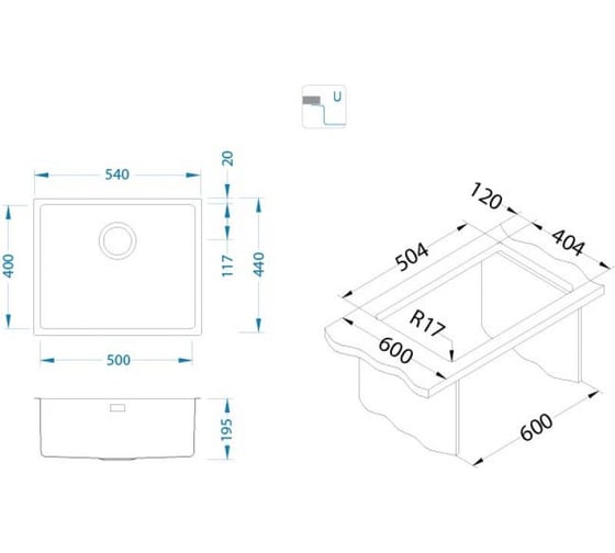 Мойка ALVEUS KOMBINO 50 SAT-90 500x400x195 мм, в комплекте с сифоном 1150432