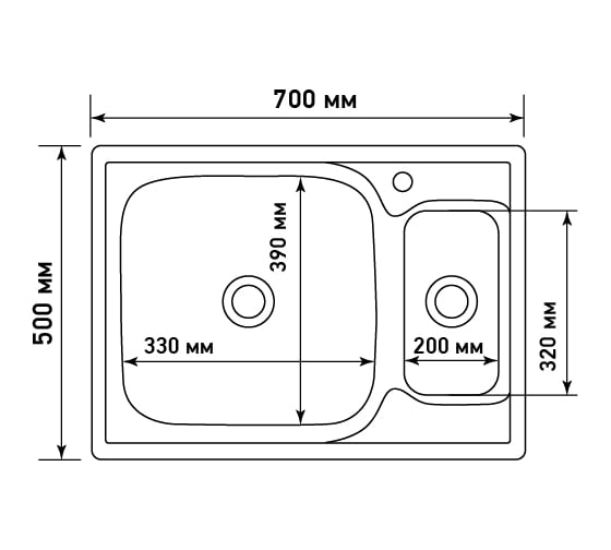 Врезная мойка mixline 50х70х18 см, 0.8, 2 чаши, выпуск 3 1/2, с сифоном 538197
