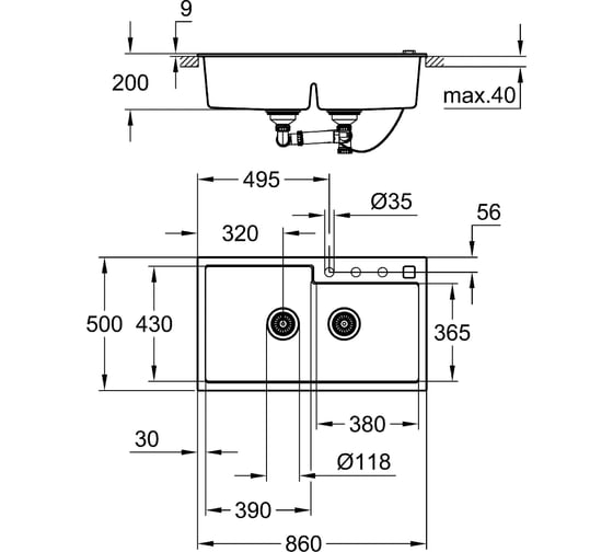 Композитная мойка GROHE K500 90-C 86/50 2.0 с 2 чашами, оборачиваемая 31649AT0