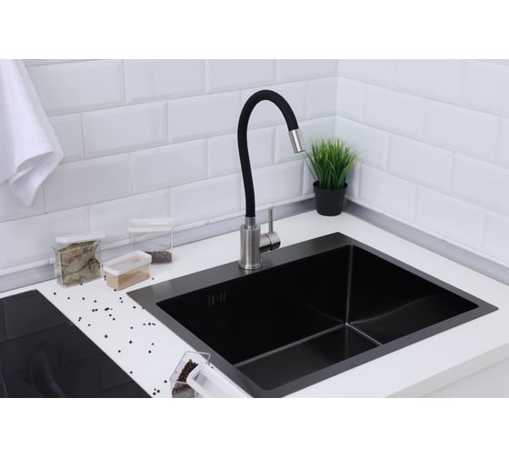 Мойка из нержавеющей стали Alcora Oslo 58х48 см., цвет Nano Black. В комплекте сифон и смеситель Langfoss черный 2015110NB+SS-SF-204A (Black)