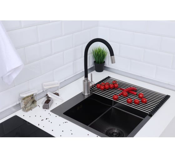 Мойка из нержавеющей стали Alcora Oslo 58х48 см., цвет Nano Black. В комплекте сифон и смеситель Langfoss черный 2015110NB+SS-SF-204A (Black)