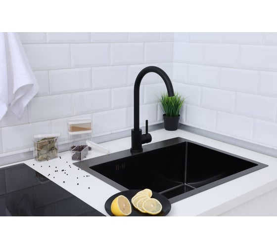 Мойка из нержавеющей стали Alcora Oslo 58х48 см., цвет Nano Black. В комплекте сифон и смеситель Buali 2015110NB+SS-SF-201 (Black)