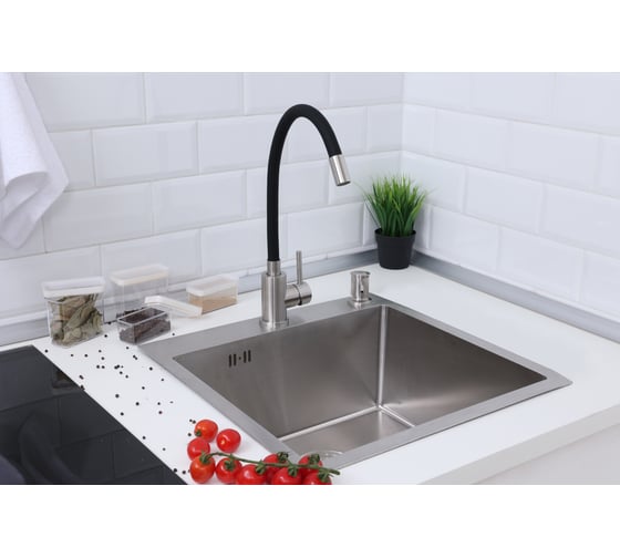 Мойка из нержавеющей стали Alcora Vienna 50х45 см., цвет satin. В комплекте сифон и смеситель Langfoss черный 3045028S+SS-SF-204A (Black)