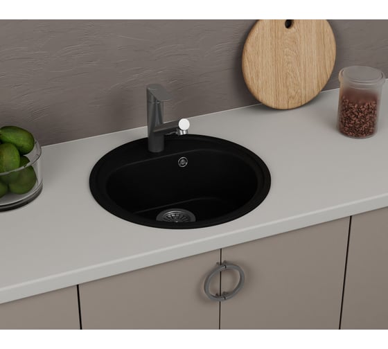 Мойка для кухни Bauedge BAU Dream Black coal D 44, выпуск с сифоном в комплекте, черный уголь GR0104