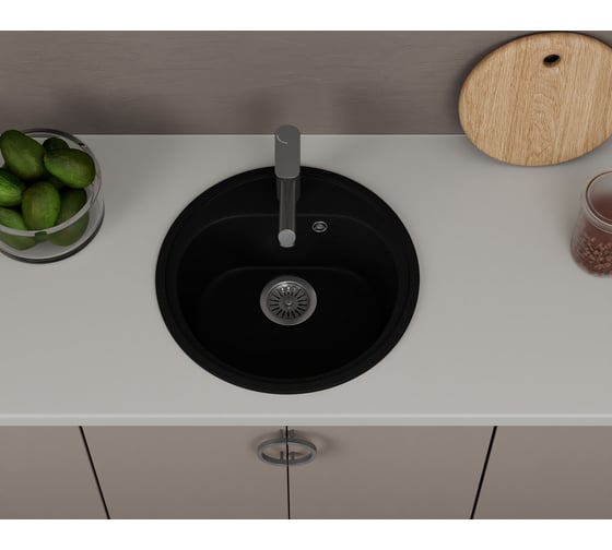 Мойка для кухни Bauedge BAU Dream Black coal D 44, выпуск с сифоном в комплекте, черный уголь GR0104