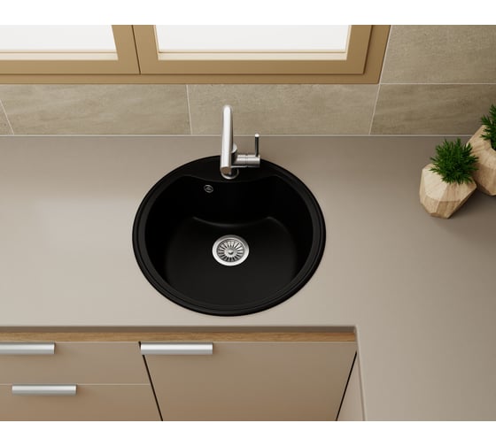 Мойка для кухни Bauedge BAU Dream Black coal D 51, выпуск с сифоном в комплекте, черный уголь GR0108
