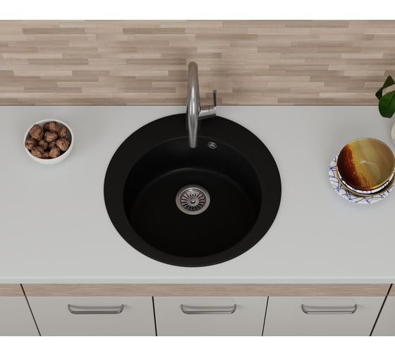 Мойка для кухни Bauedge BAU Dream Black coal D 50, выпуск с сифоном в комплекте, черный уголь GR0112