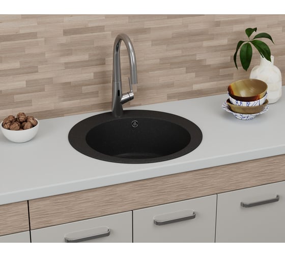 Мойка для кухни Bauedge BAU Dream Black stone D 50, выпуск с сифоном в комплекте, черный камень GR0111