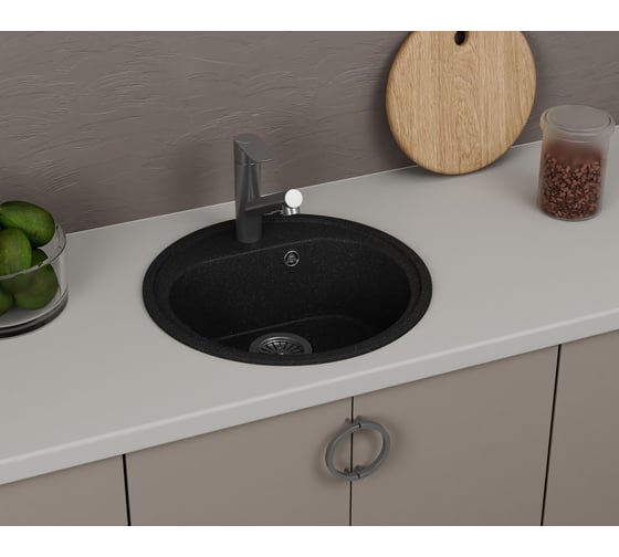 Мойка для кухни Bauedge BAU Dream Black stone D 44, выпуск с сифоном в комплекте, черный камень GR0103