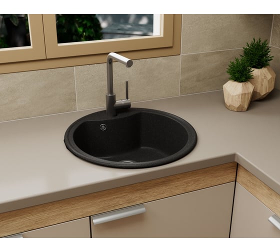 Мойка для кухни Bauedge BAU Dream Black stone D 51, выпуск с сифоном в комплекте, черный камень GR0107